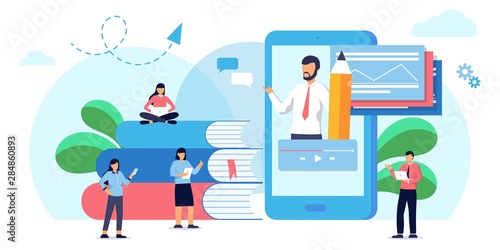 Online podcast course vector illustration concept, people learning on laptop and smartphone study on podcast. Man with mouthpiece on smartphone screen. Mobile app, web site.