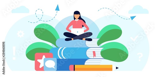 vector illustration girl student sitting on books with laptop surrounded by greenery. graphic design for language courses, online education. Suitable for web banner, poster, flyer template