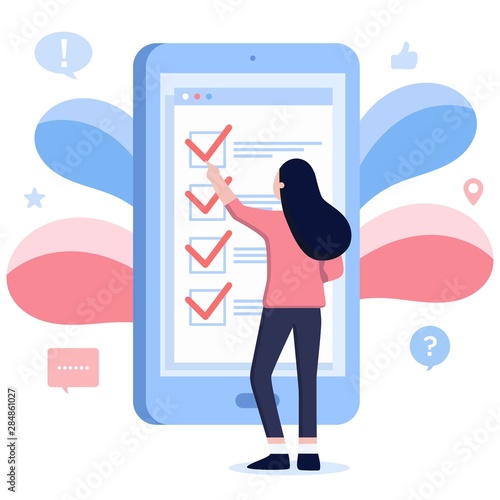 People fill out a form via mobile application. Online application. Checklist on tablet display, checkboxes with check mark. List of purchases, tasks, to do, wish list on the website. Online survey