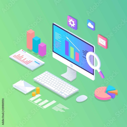 Data analysis landing page template. Modern flat design isometric concept with graphs, diagrams and laptop. Can use for web banner, infographics, hero images