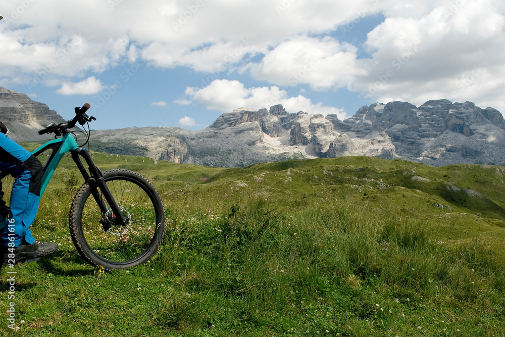 man with electric bike, e-bike, ebike, looking mountains of Brenta Peak, Grostè Pass, meadow, Dolomites, Madonna di Campiglio, summer, sport, adventure, travel, Alps, Trentino Alto Adige, Italy