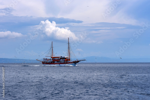 Pleasure boat with masts surrounded by gulls. Sea walk. © nmelnychuk