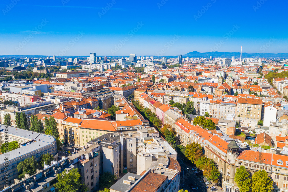 Zagreb, capital of Croatia, city center and cathedral aerial view from drone