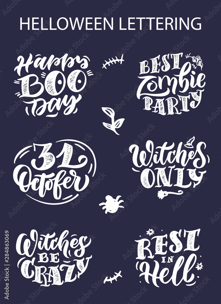Halloween holiday handwritten lettering and icons set.