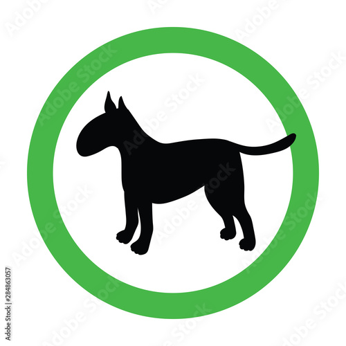 Animal friendly sign with black silhouette. Bullterrier. Dogs are welcome. Vector pet allowed illustration. Green circle