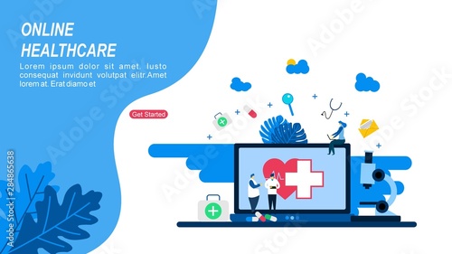 Website or landing page of Online heathcare with Tiny People Character Concept Vector Illustration, Suitable For Wallpaper, Background, Card, banner, Book Illustration, Web Landing Page