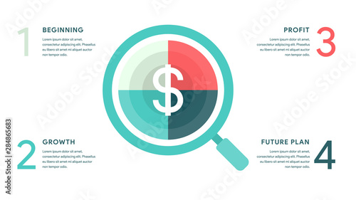 Vector Magnifying Glass for Business infographics concept with 4 options, parts, steps, processes. 16x9 slide clean white template