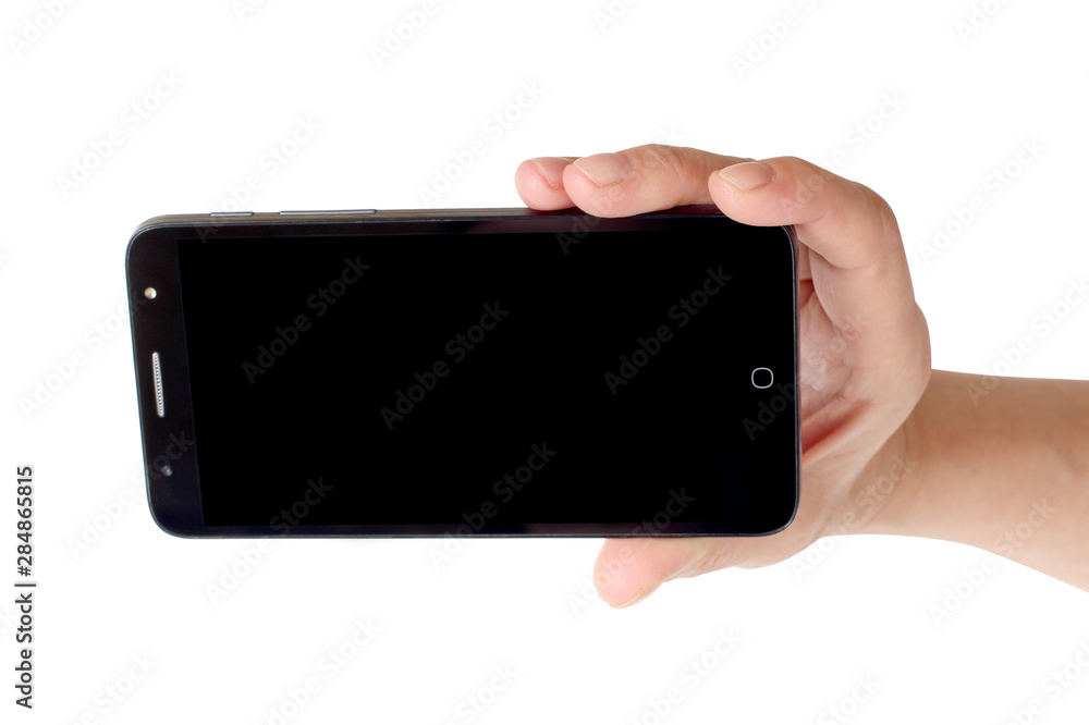 Female hand with smartphone on a white background Female hand with smartphone on a white background