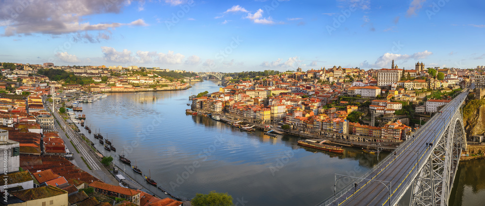 Porto Portugal panorama city skyline at Porto Ribeira with Douro River and Dom Luis I Bridge