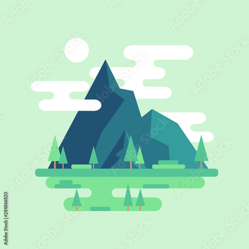 Flat mountain landscape. Clouds and sun in the sky.