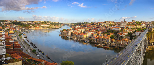 Porto Portugal panorama city skyline at Porto Ribeira with Douro River and Dom Luis I Bridge