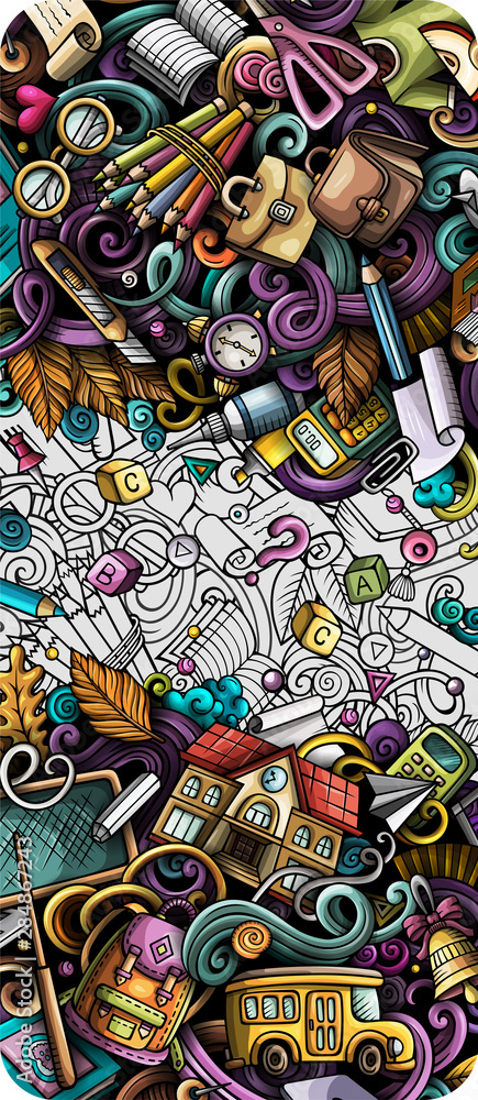 Fototapeta premium Cartoon cute colorful hand drawn doodles School background