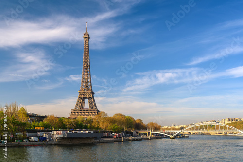 Paris France city skyline at Eiffel Tower and Seine River