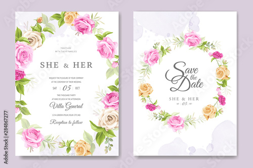 beautiful invitation card with colourful floral and leaves template