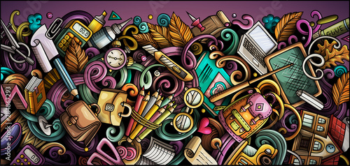Cartoon cute colorful hand drawn doodles School background