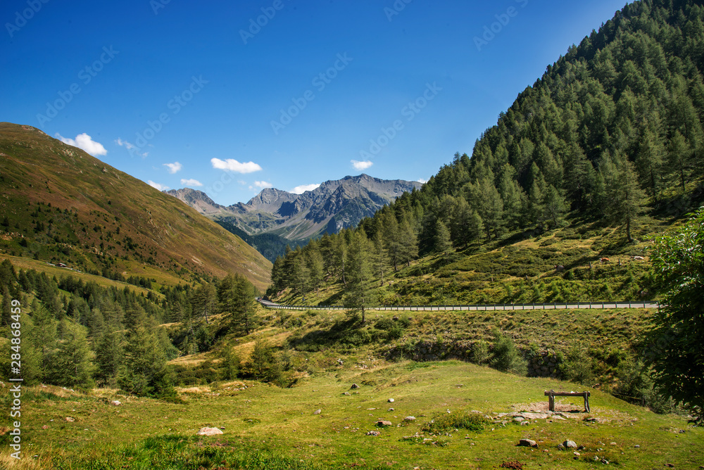 A horizon of alpine rocky peaks near the Dolomites, in Passo Pennes, in the province of Bolzano, Italy.