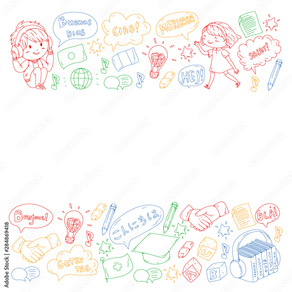 Vector pattern for language class, online courses. English, arabic, italian, japanese, spanish, chinese, german. Vector pattern for language class, online courses. English, arabic, italian, japanese, spanish, chinese, german.
