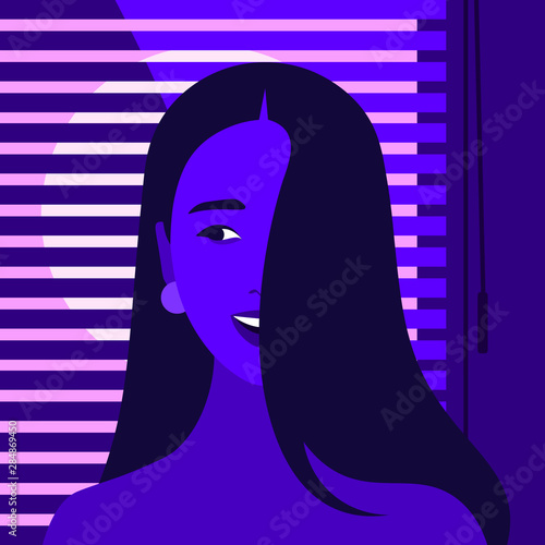 Cheerful girl in a dark room at night. Curious and playful woman. Vector flat illustration