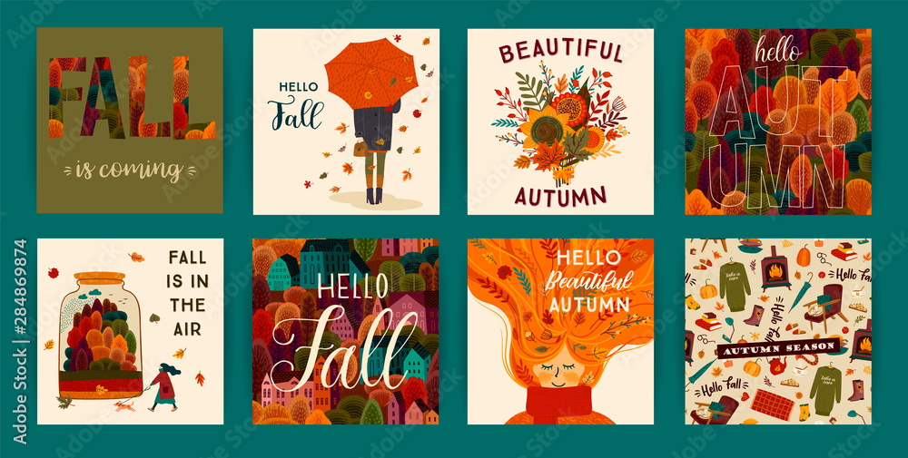 Set of cute autumn illustrations. Vector templates