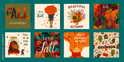 Set of cute autumn illustrations. Vector templates