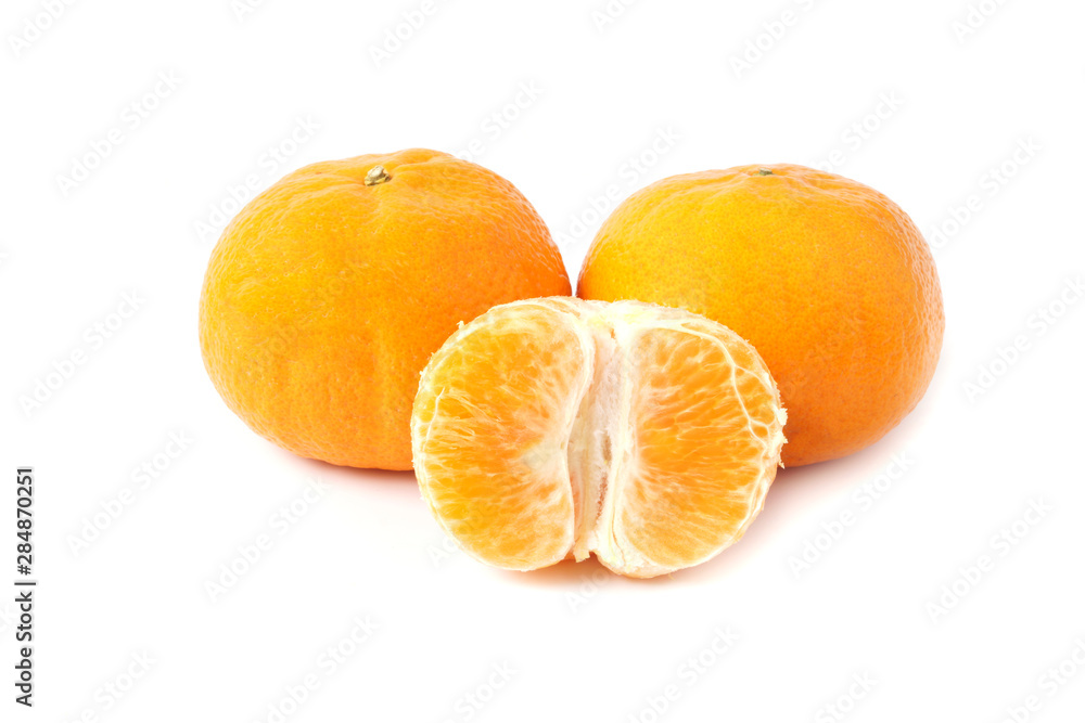 Fresh mandarin orange and peeled fruit isolated on white background Fresh mandarin orange and peeled fruit isolated on white background