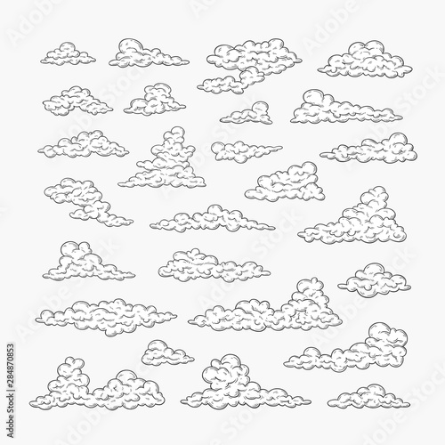 Hand drawn clouds set. Black and white line drawing sky