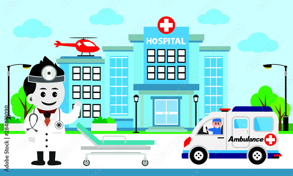 Vector of doctor team standing on a hospital building, Patient care concept, ambulance car background Vector of doctor team standing on a hospital building, Patient care concept, ambulance car background