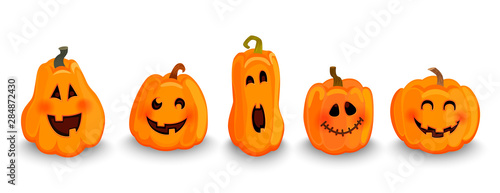 Set of halloween pumpkins characters, funny faces with smile. Symbol of happy holiday. Carving vegetable for decoration. Design for autumn october party. Vector illustration.