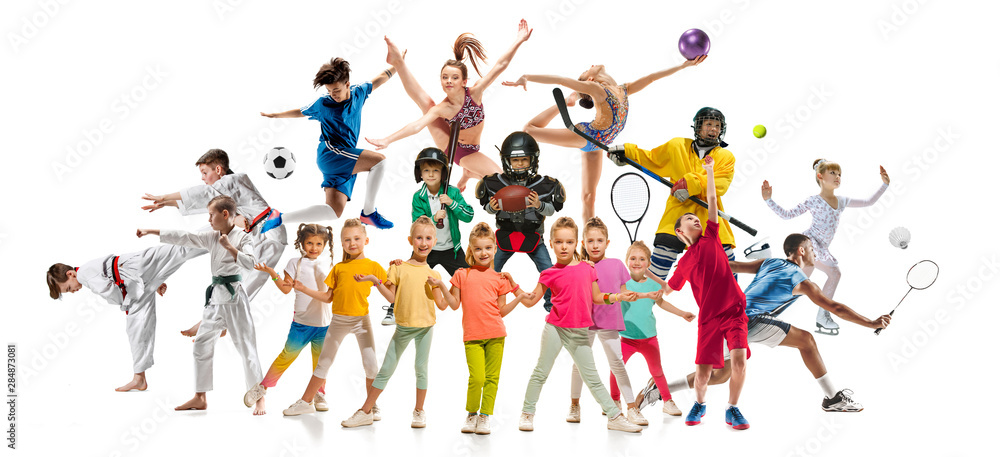 Creative collage of photos of 19 models. Kids in sport. Advertising, sport, healthy lifestyle, motion, activity, movement concept. American football, soccer, tennis volleyball box badminton rugby Creative collage of photos of 19 models. Kids in sport. Advertising, sport, healthy lifestyle, motion, activity, movement concept. American football, soccer, tennis volleyball box badminton rugby