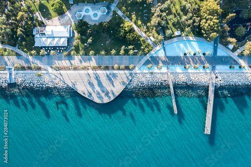 Canvas Print Aerial top down shot of Molos Promenade in Limassol, Cyprus