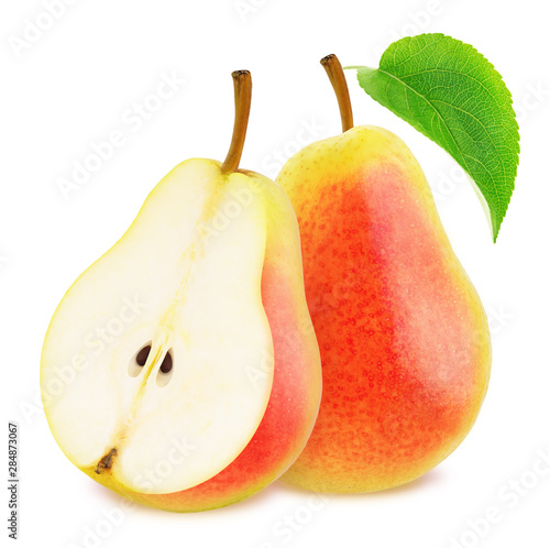 Composition with whole and cutted red pears isolated on a white background.