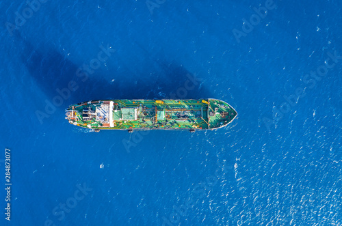 Aerial top down shot of oil tanker in Mediterranean sea