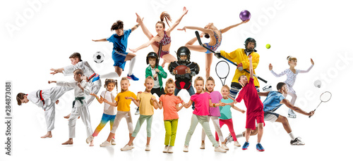 Fototapeta Naklejka Na Ścianę i Meble -  Creative collage of photos of 19 models. Kids in sport. Advertising, sport, healthy lifestyle, motion, activity, movement concept. American football, soccer, tennis volleyball box badminton rugby