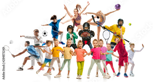 Creative collage of photos of 17 models. Kids in sport. Advertising, sport, healthy lifestyle, motion, activity, movement concept. American football, soccer, tennis volleyball box badminton rugby
