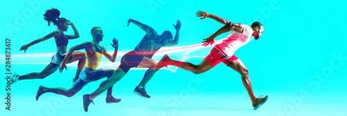 Creative collage of photos of 4 models running and jumping. Ad, sport, healthy lifestyle, motion, activity, movement concept. Male and female sportsmans of different ethnicities. Blue background.