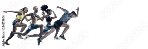 Creative collage of photos of 4 models running and jumping. Ad, sport, healthy lifestyle, motion, activity, movement concept. Male and female sportsmans of different ethnicities. White background.