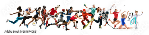 Creative collage of photos of 15 models running and jumping. Advertising, sport, healthy lifestyle, motion, activity, movement concept. American football, soccer, tennis volleyball box badminton rugby