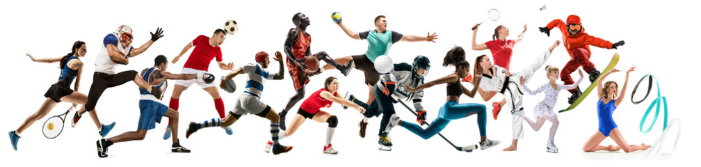 Creative collage of photos of 15 models running and jumping. Advertising, sport, healthy lifestyle, motion, activity, movement concept. American football, soccer, tennis volleyball box badminton rugby