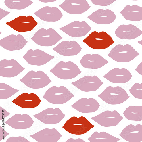 Vector hand drawn lips seamless pattern. Red and pink abstract fashion background. Beauty and gender illustration.