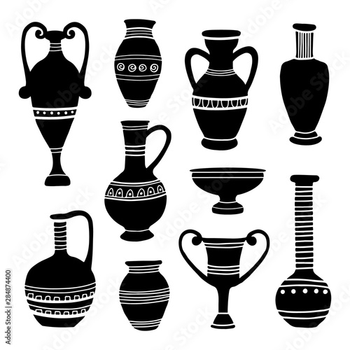 Ancient clay vases. Egyptian and Hellenic pots, amphoras and jugs. Art and crafts concept. Hand drawing black archeological silhouettes. Vector flat cartoon illustration. 