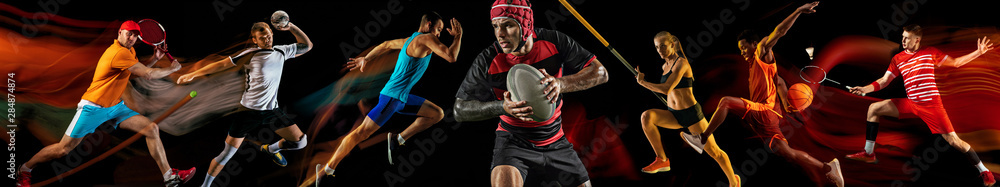 Creative collage of photos of 7 models on black in mixed light. Advertising, sport, healthy lifestyle, motion, activity, movement concept. American football, soccer, tennis volleyball basketball rugby