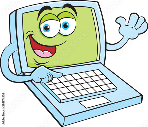 Cartoon illustration of a happy laptop computer waving.