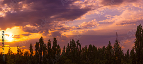 Landscape with dramatic light - beautiful golden sunset with saturated sky and clouds.