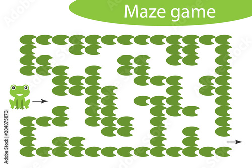 Labyrinth game, help the frog to find a way out of the maze, cute cartoon character, preschool worksheet activity for kids, task for the development of logical thinking, vector illustration