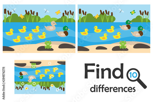 Find 10 differences, game for children, pond with ducks cartoon, education game for kids, preschool worksheet activity, task for the development of logical thinking, vector illustration
