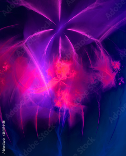 Abstract fractal background made out of clouds and nebula and abstract stars in pink violet blue