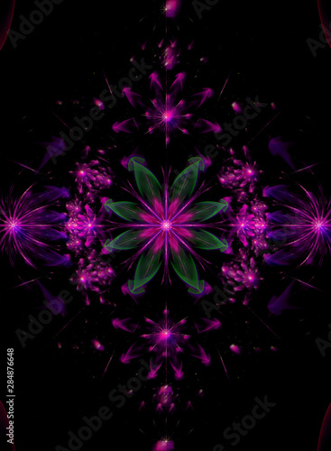Abstract fractal background made out of interconnected balanced rings  beams and stars with an intricate decorative pattern in shining pink green violet