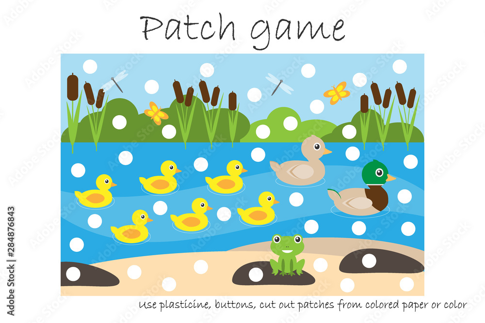 Education Patch game pond for children to develop motor skills, use plasticine patches, buttons, colored paper or color the page, kids preschool activity, printable worksheet, vector illustration