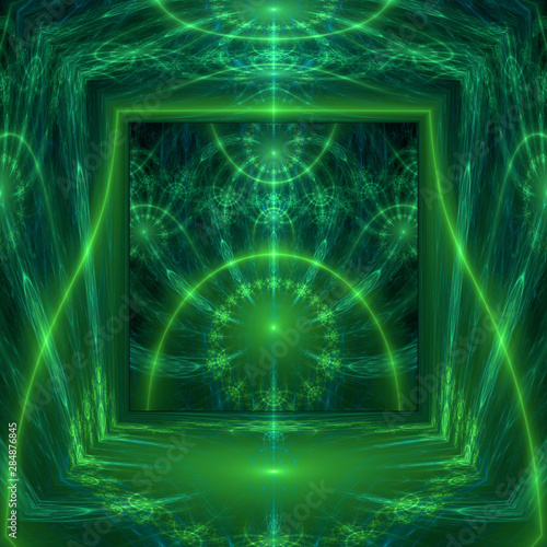 Abstract fractal background made out of interconnected twisted rings and stars with a decorative pattern in shining colors of green,blue
