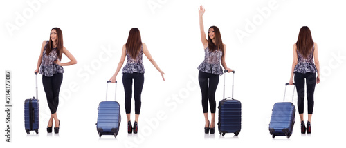 Woman with suitcase in travel concept isolated on white